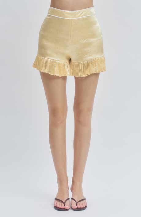 Marsh Crinkled Satin Pleat Hem Mini Shorts