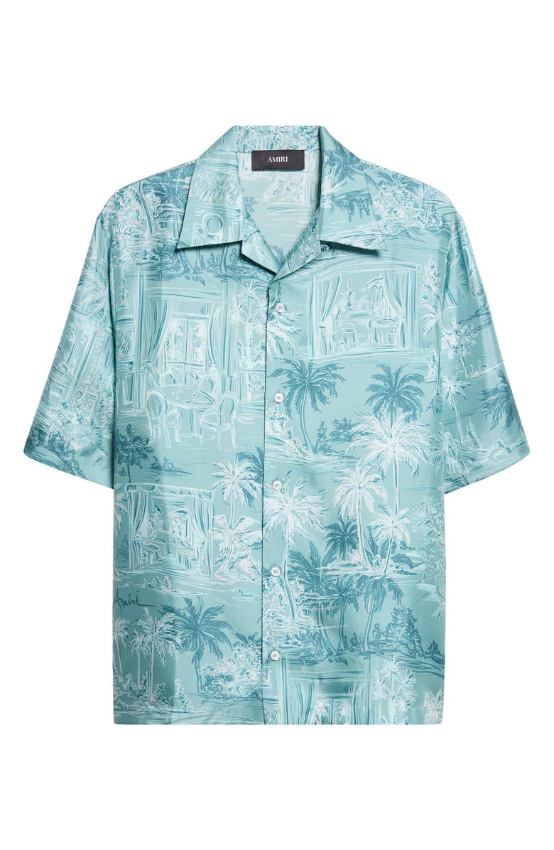 AMIRI Chateau Sketch Silk Camp Shirt, Main, color, Ceramic Teal
