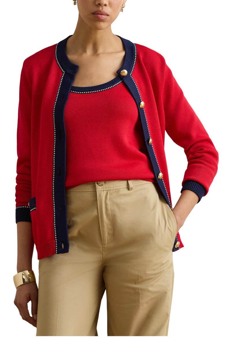 Two-Tone Trim Cardigan, Main, color, CRUISE RED/ MULTI