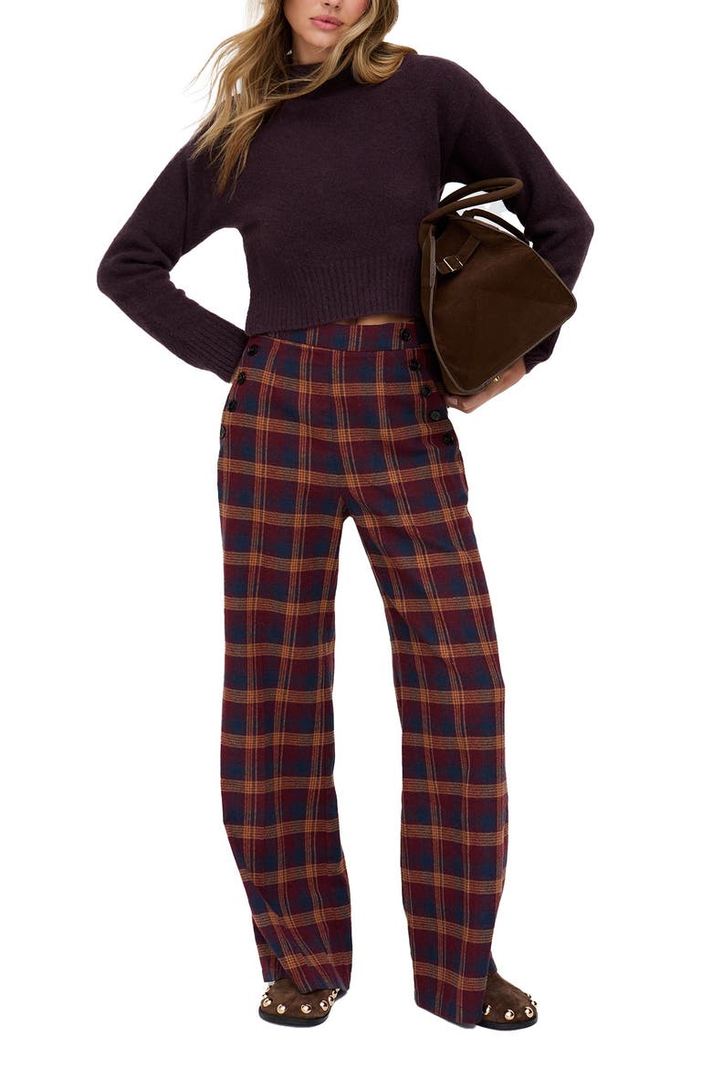 Damson High Waisted Tartan Print Trouser, Alternate, color, Burgundy