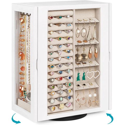 360‑Degree Rotating Solid‑Wood Jewelry Storage Cabinet