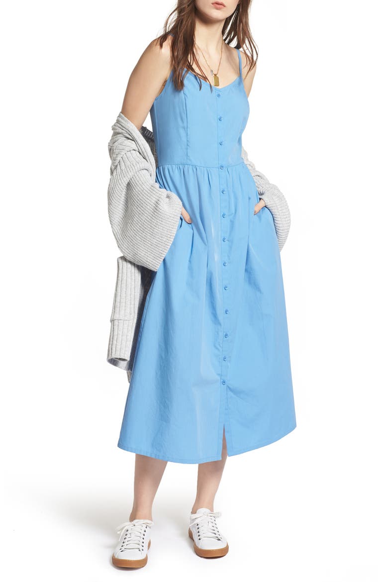 Button Front Midi Dress, Main, color, BLUE LAKE