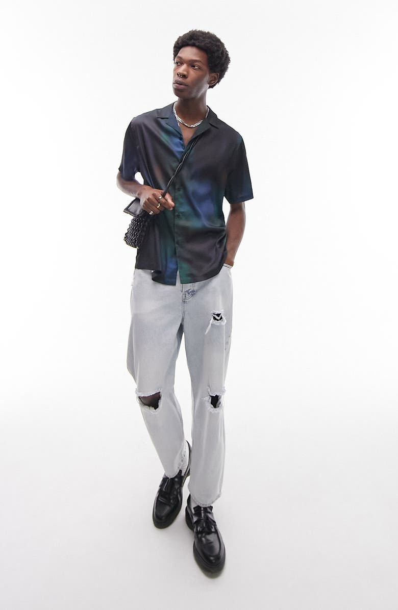 Topman Space Dye Short Sleeve Satin Camp Shirt, Alternate, color, 