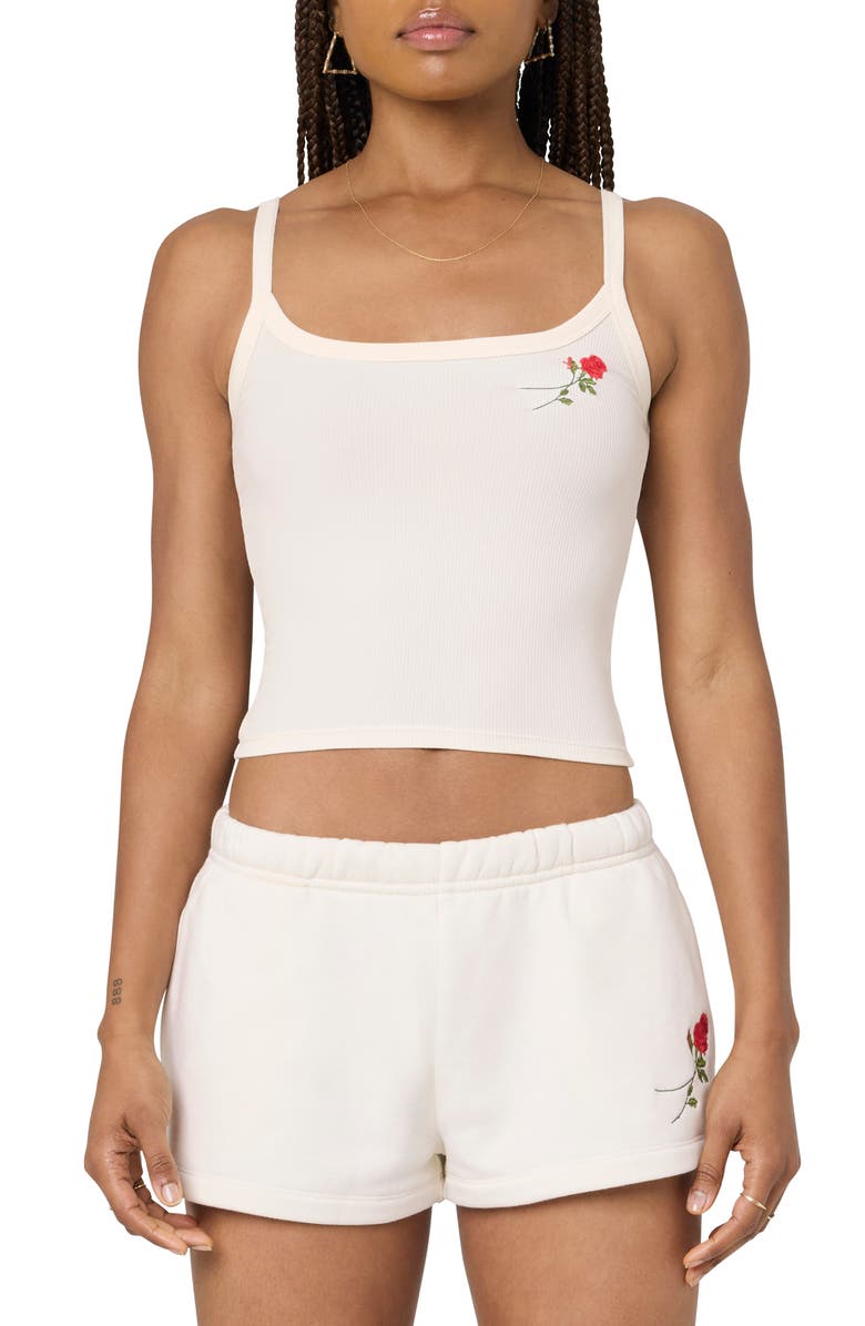 Florence by Mills Couch Date Rose Embroidered Crop Rib Tank, Main, color, White Rose