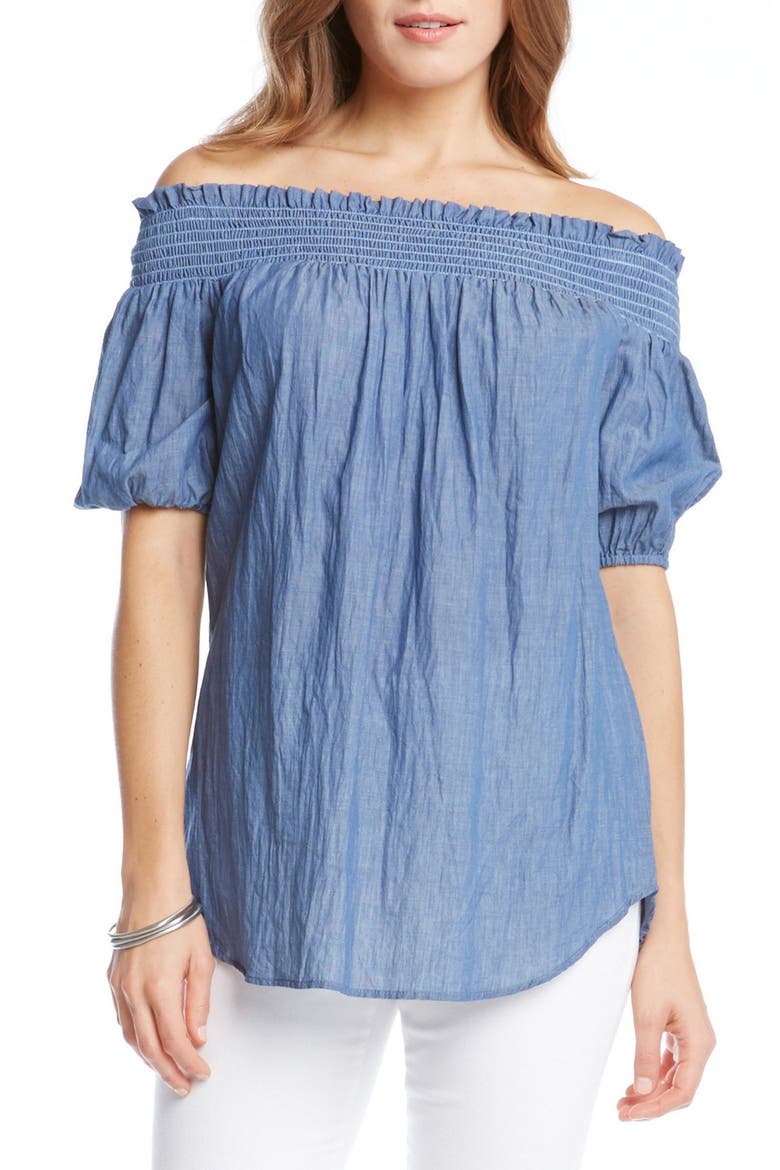 Smocked Off the Shoulder Chambray Top, Main, color, CHAMBRAY
