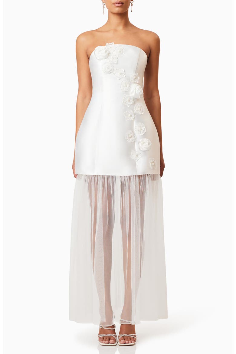 Oleander Floral Appliqué Strapless Cocktail Minidress with Removable Sheer Maxi Skirt, Main, color, IVORY