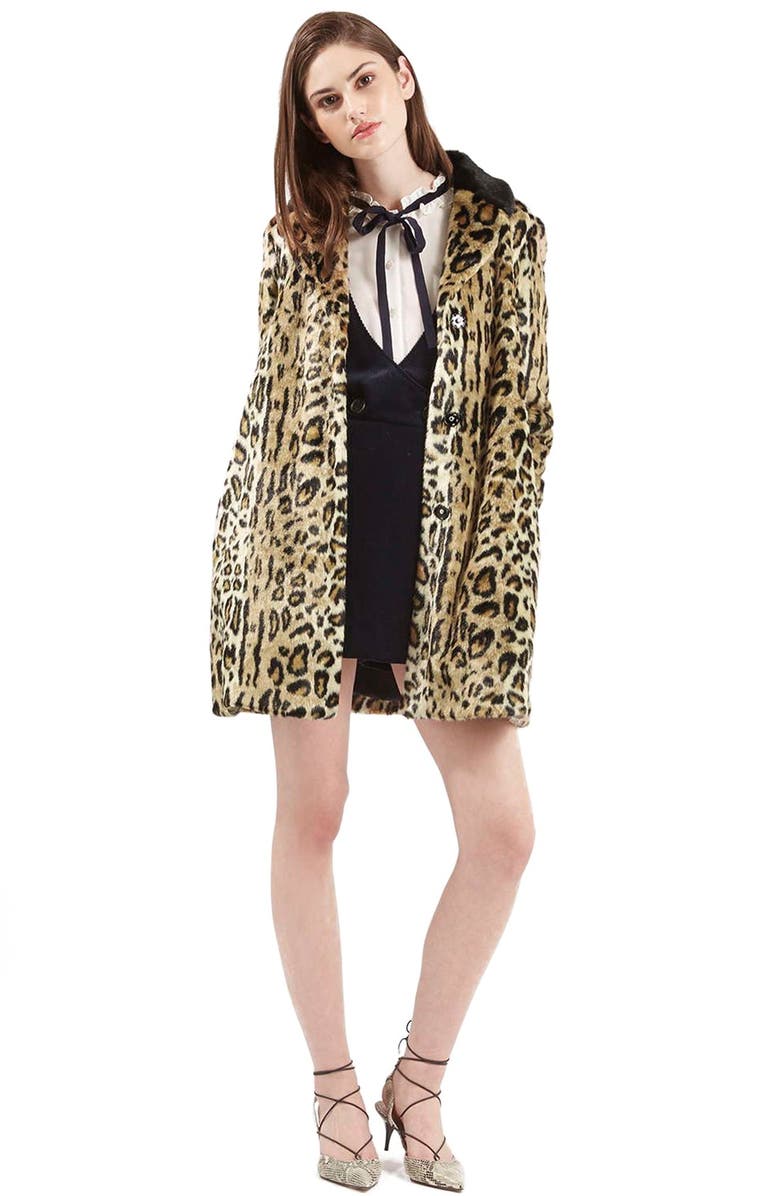 Topshop Leopard Print Faux Fur Swing Coat, Alternate, color, 
