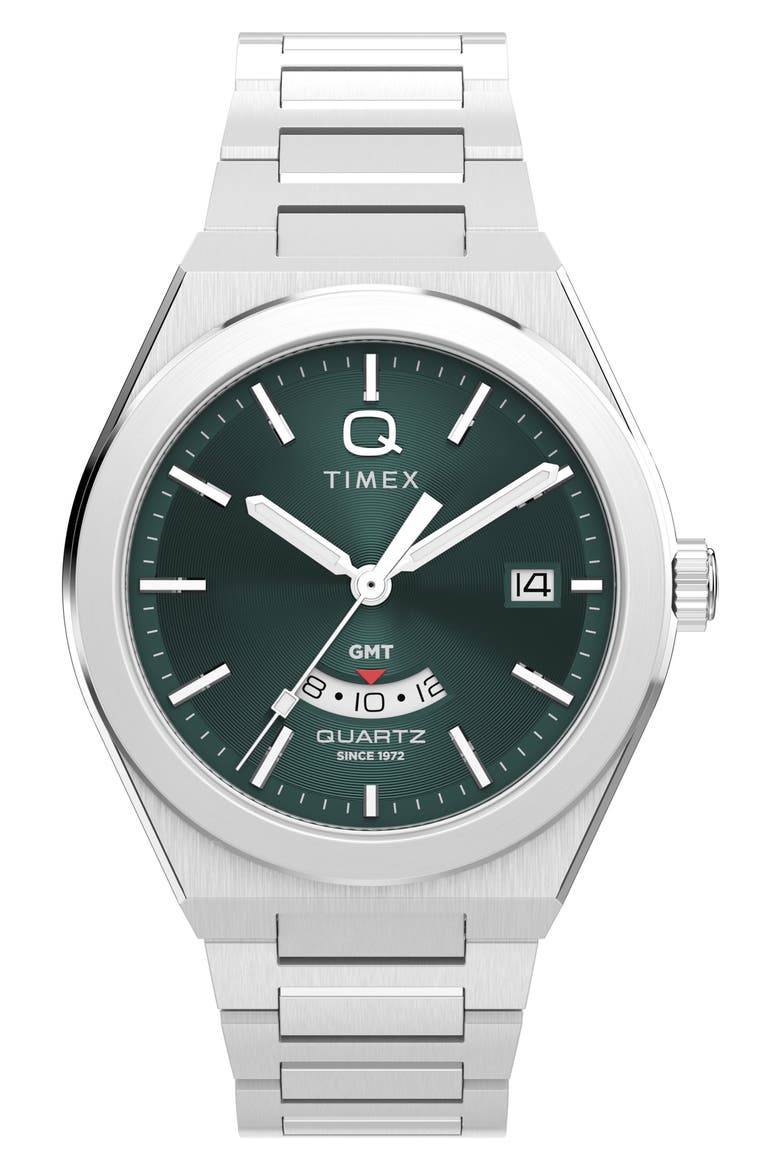 Q Timex® Continental GMT 39mm Stainless Steel Bracelet Watch, Main, color, GREEN/ STAINLESS STEEL