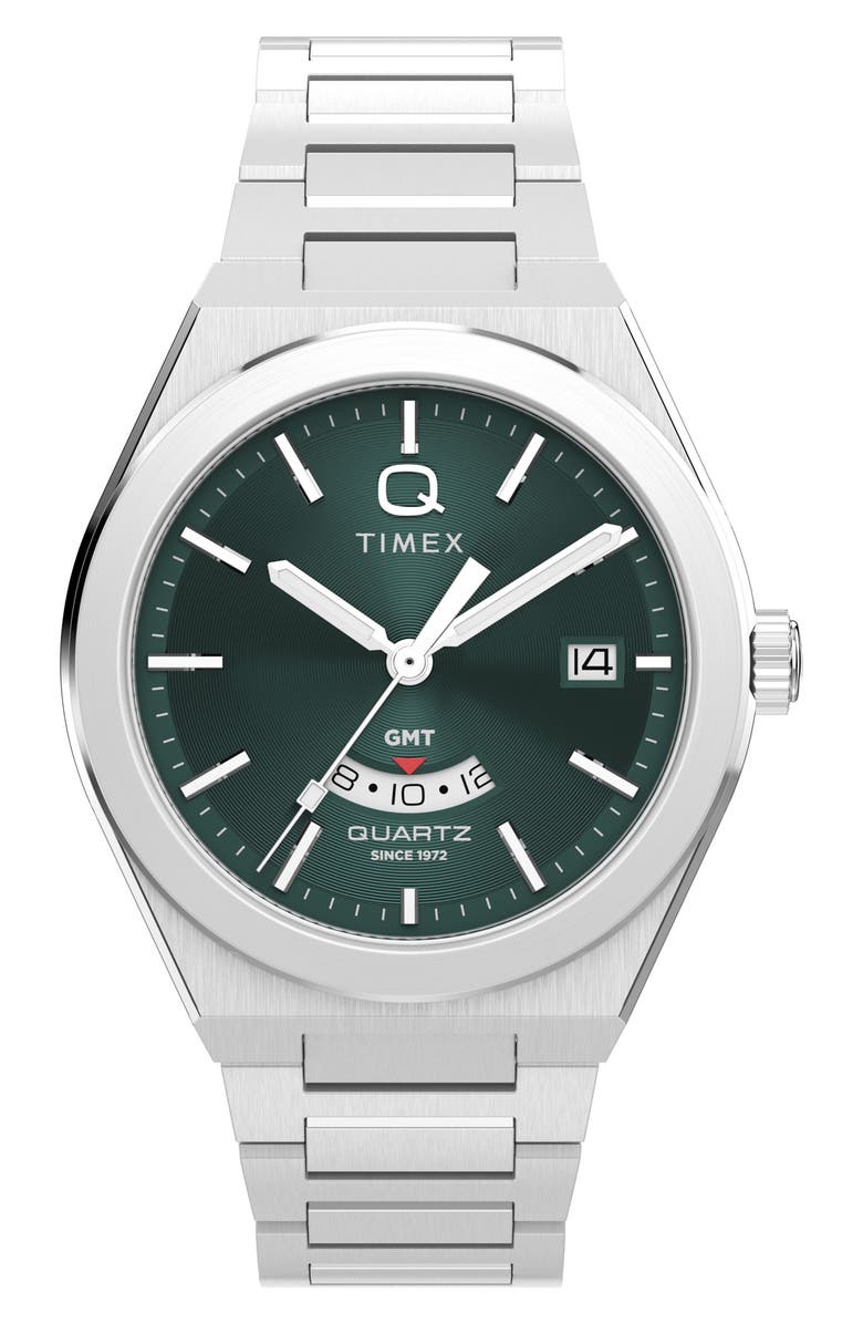Timex<sup>®</sup> Q Timex<sup>®</sup> Continental GMT 39mm Stainless Steel Bracelet Watch, Main, color, Green/ Stainless Steel