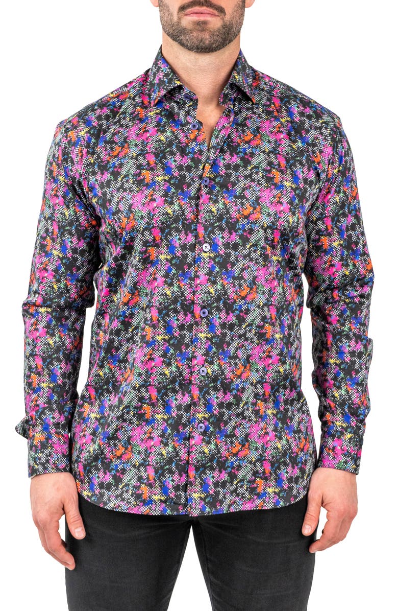 Maceoo Fibonacci Nineties Black Contemporary Fit Button-Up Shirt, Main, color, 