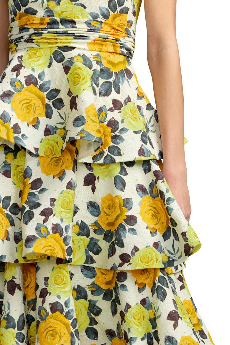Floral One Shoulder Charmeuse Tiered Midi Dress, Alternate, color, Yellow rose