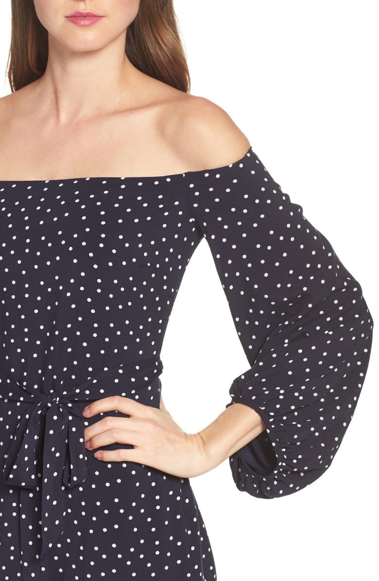 Bardot Polka Dot Off the Shoulder Dress, Alternate, color, 