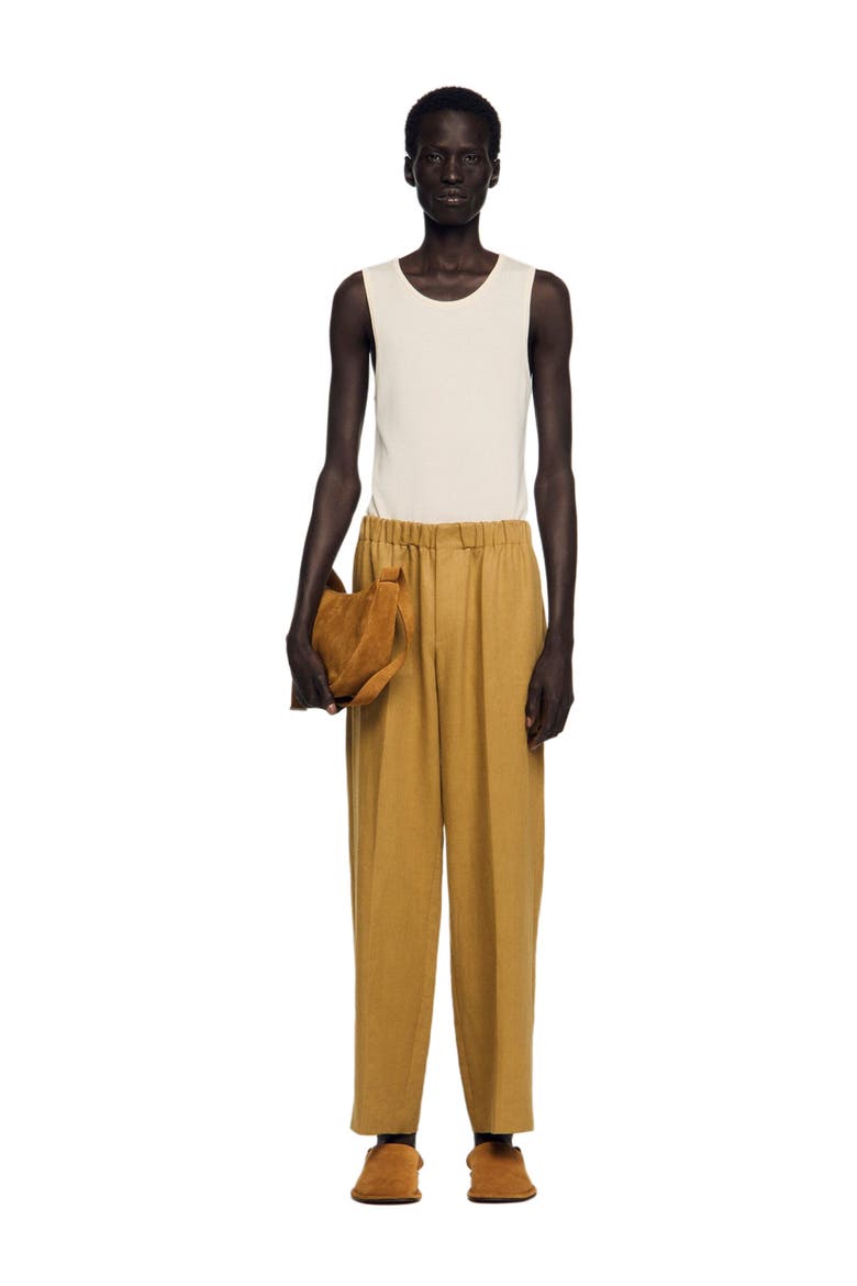 Wide-leg elasticated linen trousers, Alternate, color, Nut
