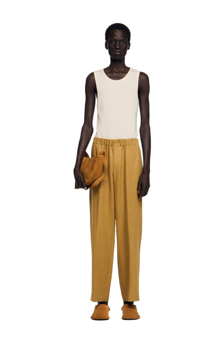 SANDRO Wide-leg elasticated linen trousers, Alternate, color, Nut