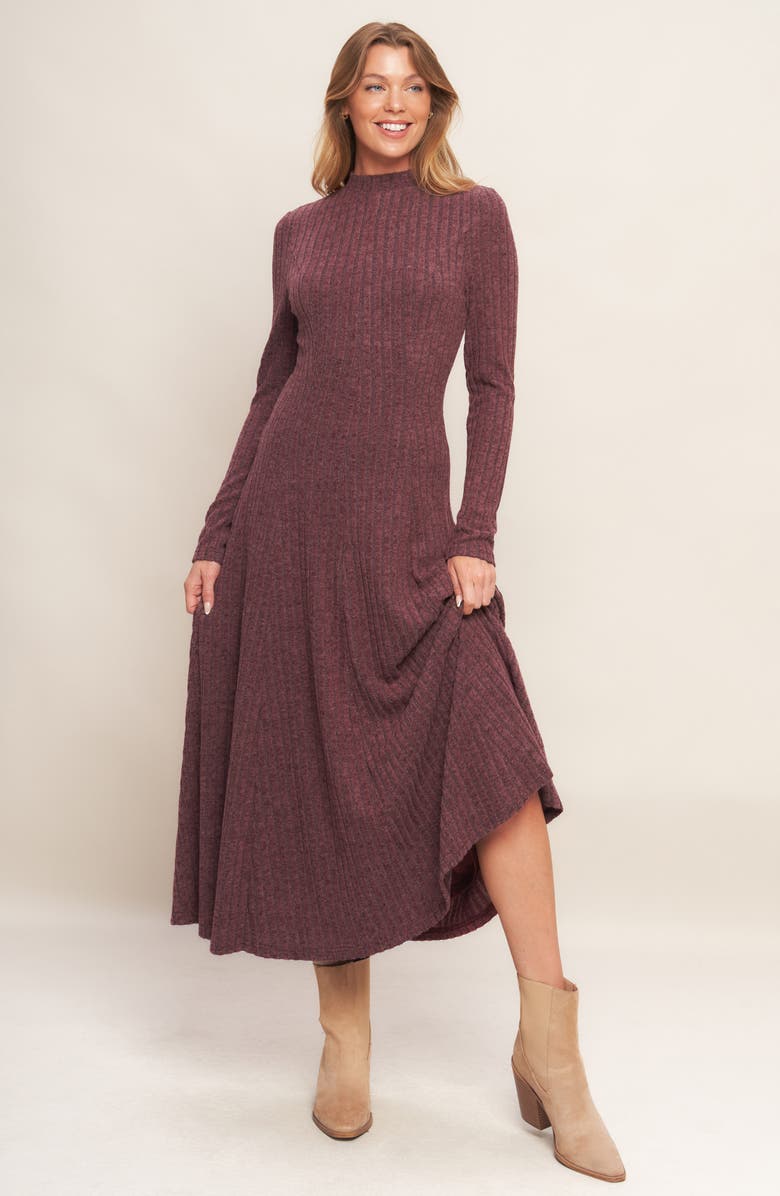 FLYING TOMATO Ribbed Midi Dress, Alternate, color, Wine