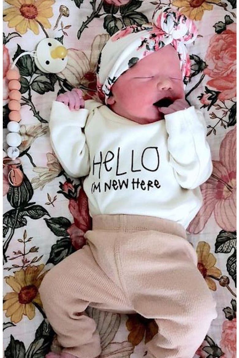 Hello, I'm New Here Organic Cotton Bodysuit, Alternate, color, NATURAL