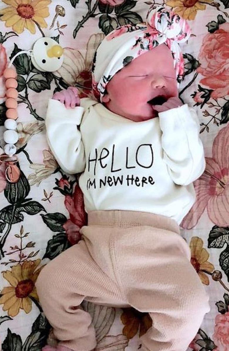 Tenth & Pine Hello, I'm New Here Organic Cotton Bodysuit, Alternate, color,