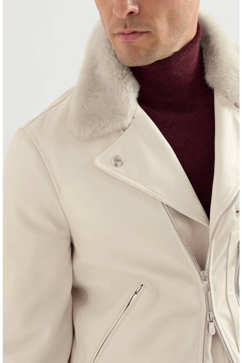 Nappa leather biker jacket with Thermore® padding and detachable shearling collar, Alternate, color, Ivory