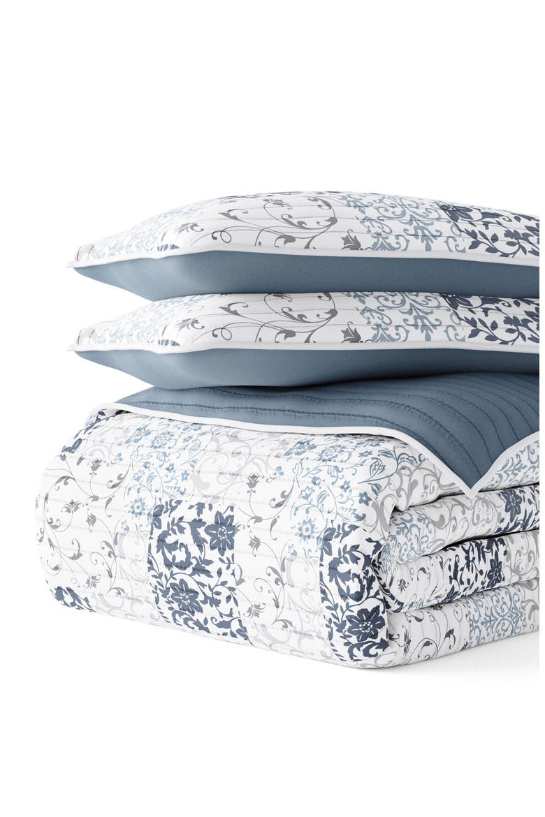 All Season Patchwork 3-Piece Down Alternative Reversible Quilt Set, Alternate, color, DUSK BLUE
