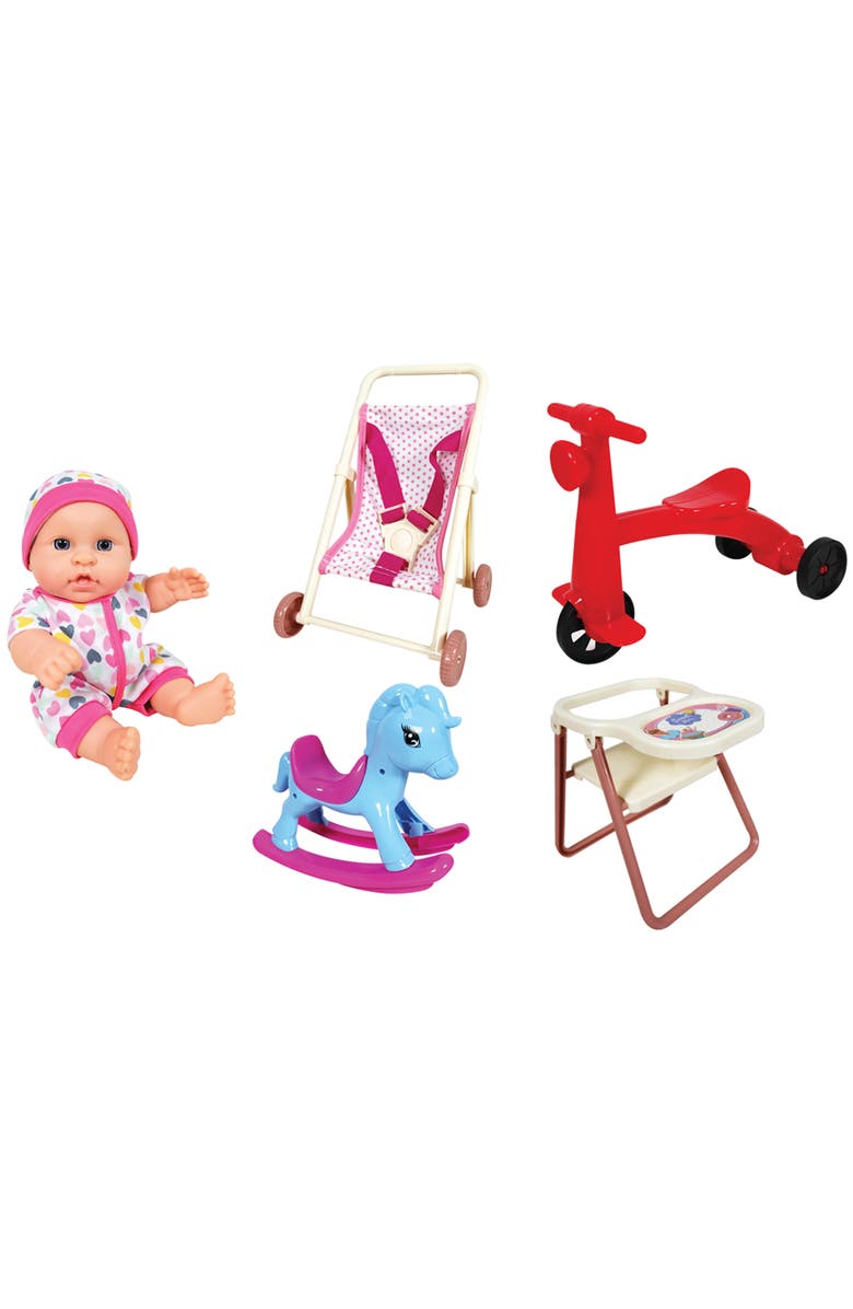 Lissi 8'' Baby Doll Set with Scooter, Pushchair, Rocker & Highchair Playset, Main, color, Multicolored