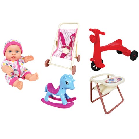 8'' Baby Doll Set with Scooter, Pushchair, Rocker & Highchair Playset