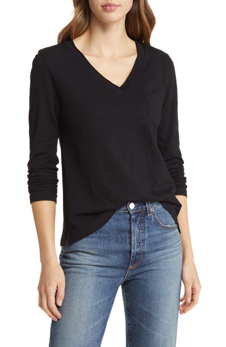 Caslon<sup>®</sup> Long Sleeve V-Neck Shirt, Main, color, 