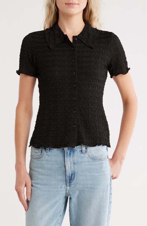 Smocked Short Sleeve Button-Up Shirt