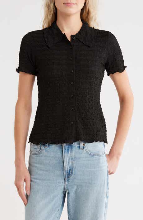 JASON WU Smocked Short Sleeve Button-Up Shirt