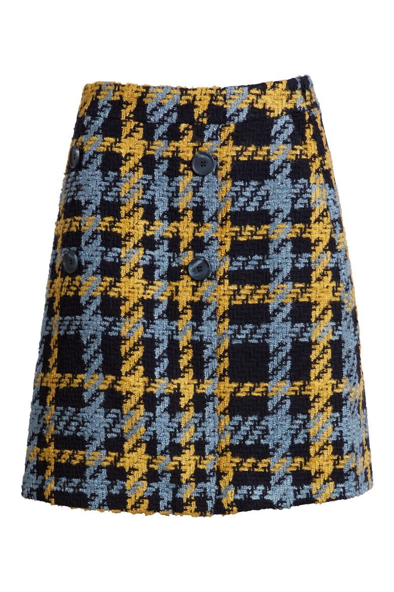 Button Detail Plaid Skirt, Alternate, color, NAVY- YELLOW TWEED