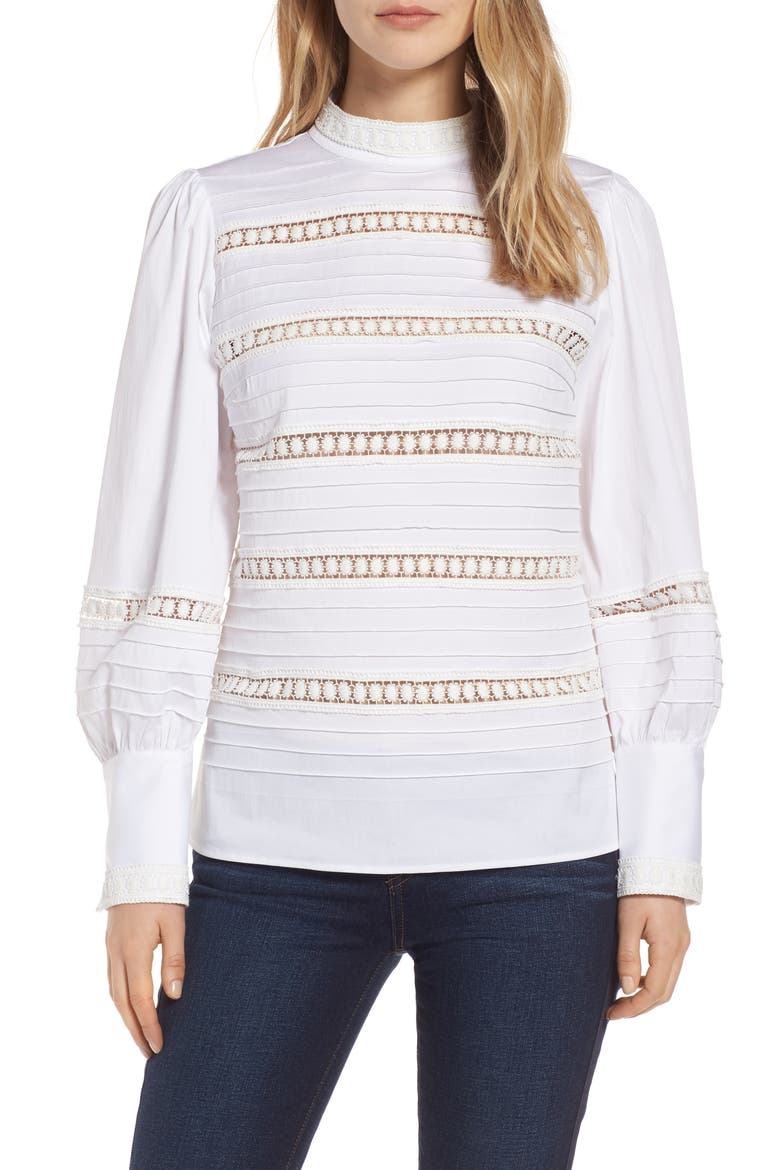 Lace Inset Cotton Blend Blouse, Main, color, WHITE