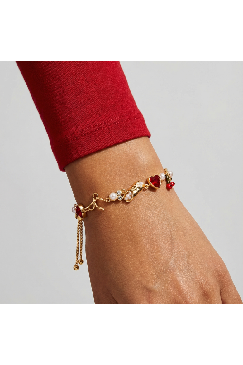 'There Cannoli Be You' Bow & Heart Adjustable Bolo Bracelet, Alternate, color, Gold