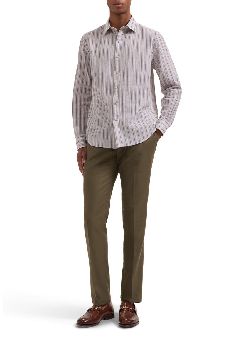 Julian Shaped Fit Stripe Cotton & Linen Button-Up Shirt, Alternate, color, CAMEL