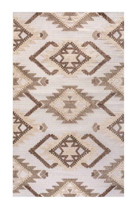 Sumak High-Low Pile Neutral Diamond Kilim Indoor/Outdoor Area Rug