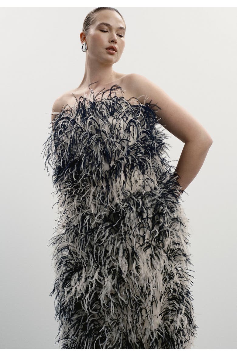 Ostrich Feather Strapless Maxi Dress, Alternate, color, BLACK AND CREAM