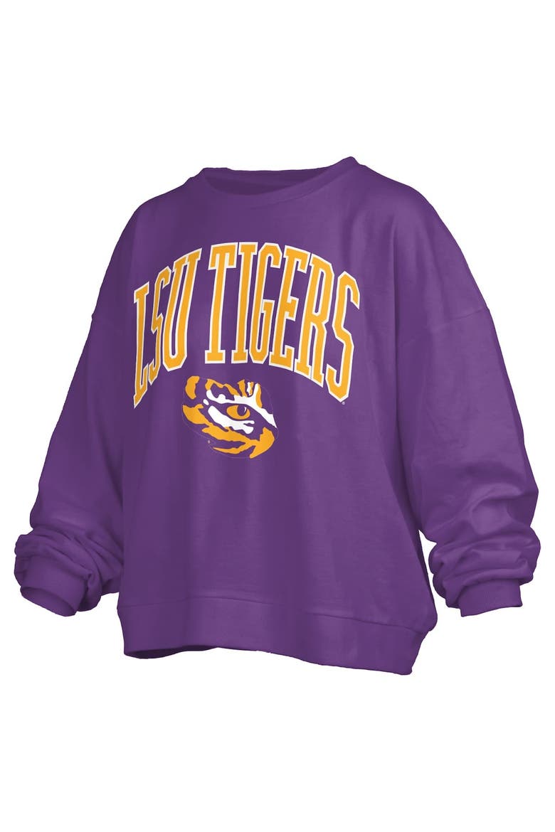 Women's Pressbox Purple LSU Tigers Janise Arch Over Logo Waist Length Oversized Pullover Sweatshirt, Alternate, color, Purple