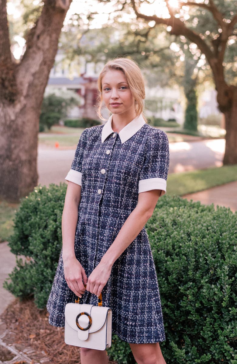 Gal Meets Glam Collection Leslie Bouclé Tweed Button Front Fit & Flare Dress, Alternate, color, 