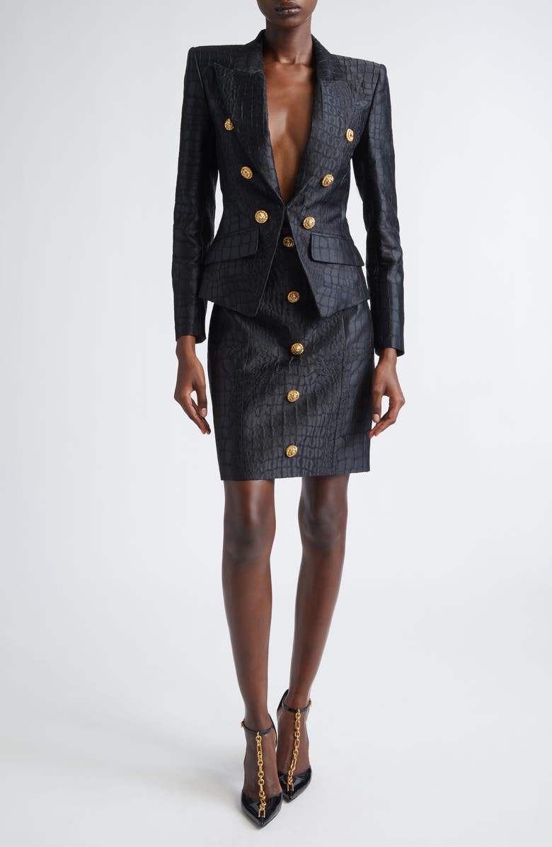 Balmain High Waist Crocodile Jacquard Skirt, Alternate, color, Black