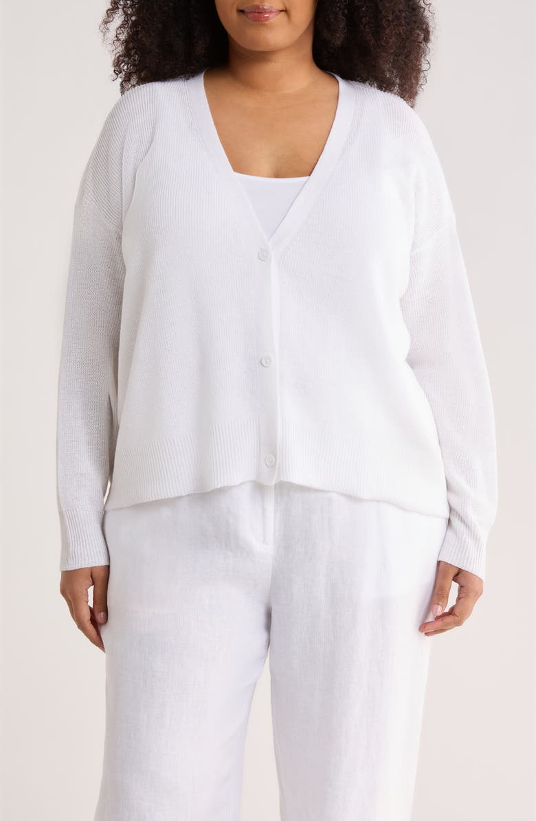 Eileen Fisher V-Neck Organic Linen & Organic Cotton Cardigan, Main, color, White