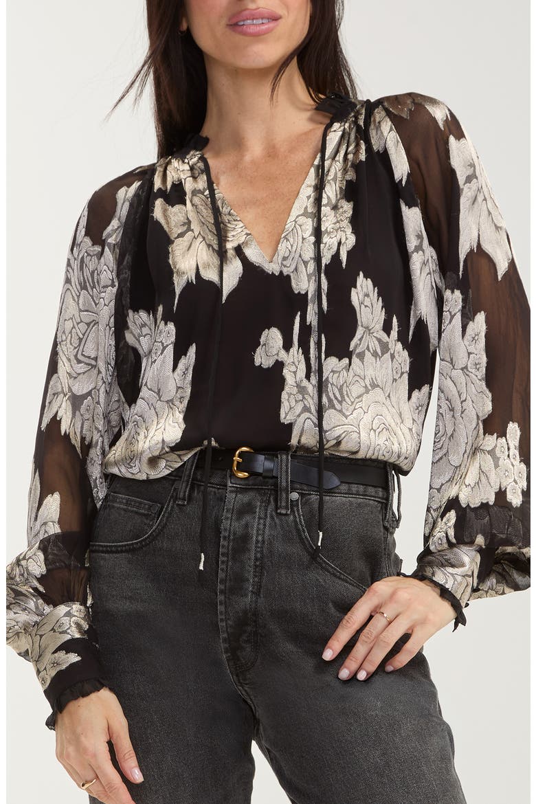 Floral Jacquard Chiffon Split Neck Top, Main, color, BLACK MULTI