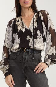 Liverpool Los Angeles Floral Jacquard Chiffon Split Neck Top