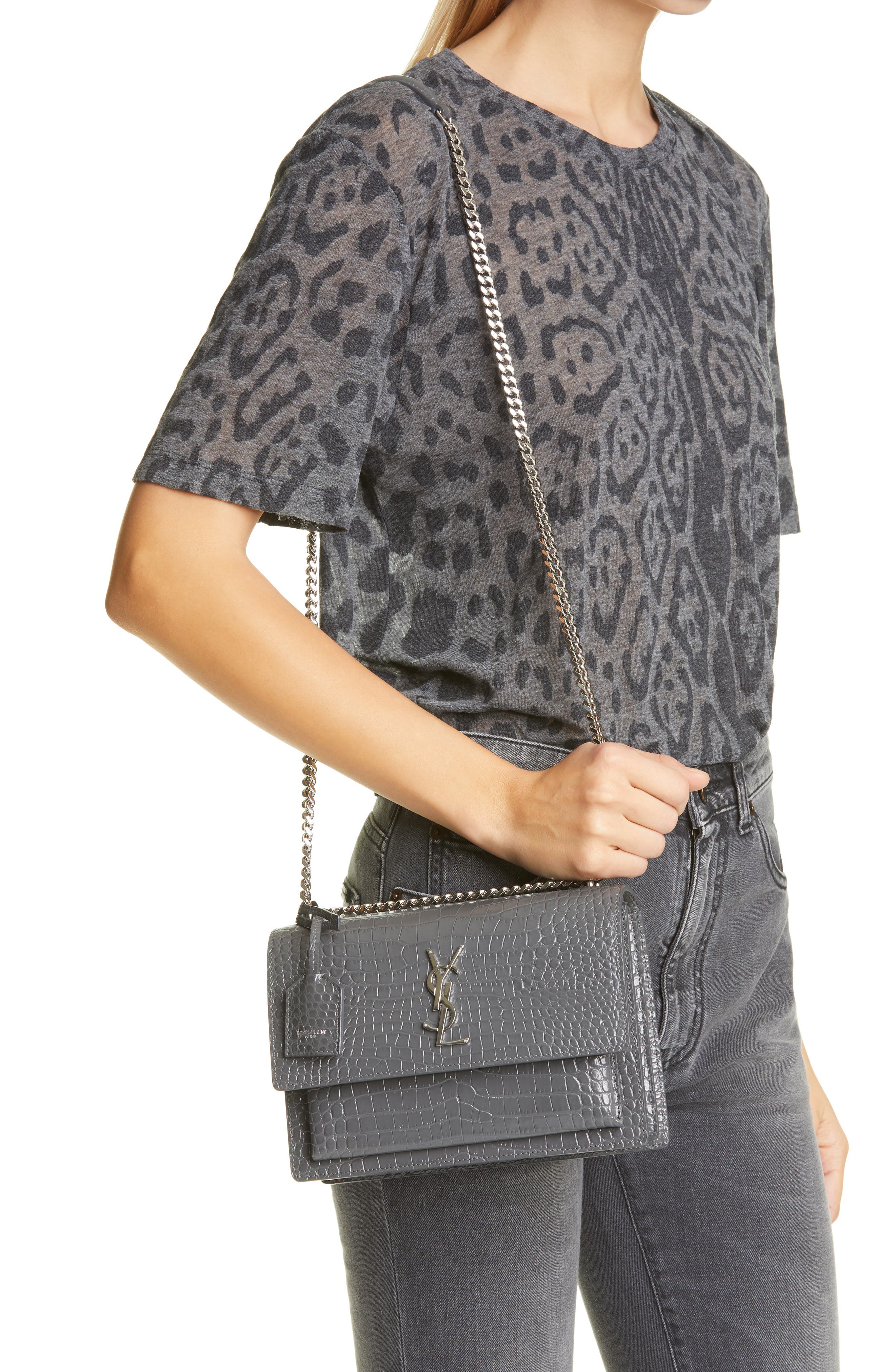 Saint Laurent 'Medium Monogram Sunset' Croc Embossed Leather Shoulder Bag, Alternate, color, 