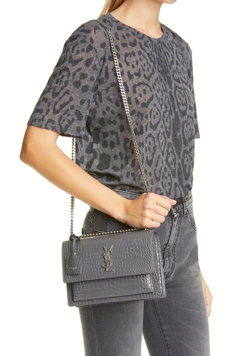 Saint Laurent 'Medium Monogram Sunset' Croc Embossed Leather Shoulder Bag, Alternate, color,