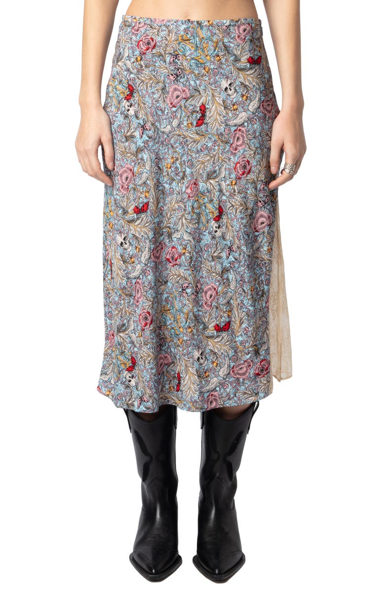 Zadig & Voltaire Jayla British Flowers Lace Inset Midi Skirt, Main, color, 