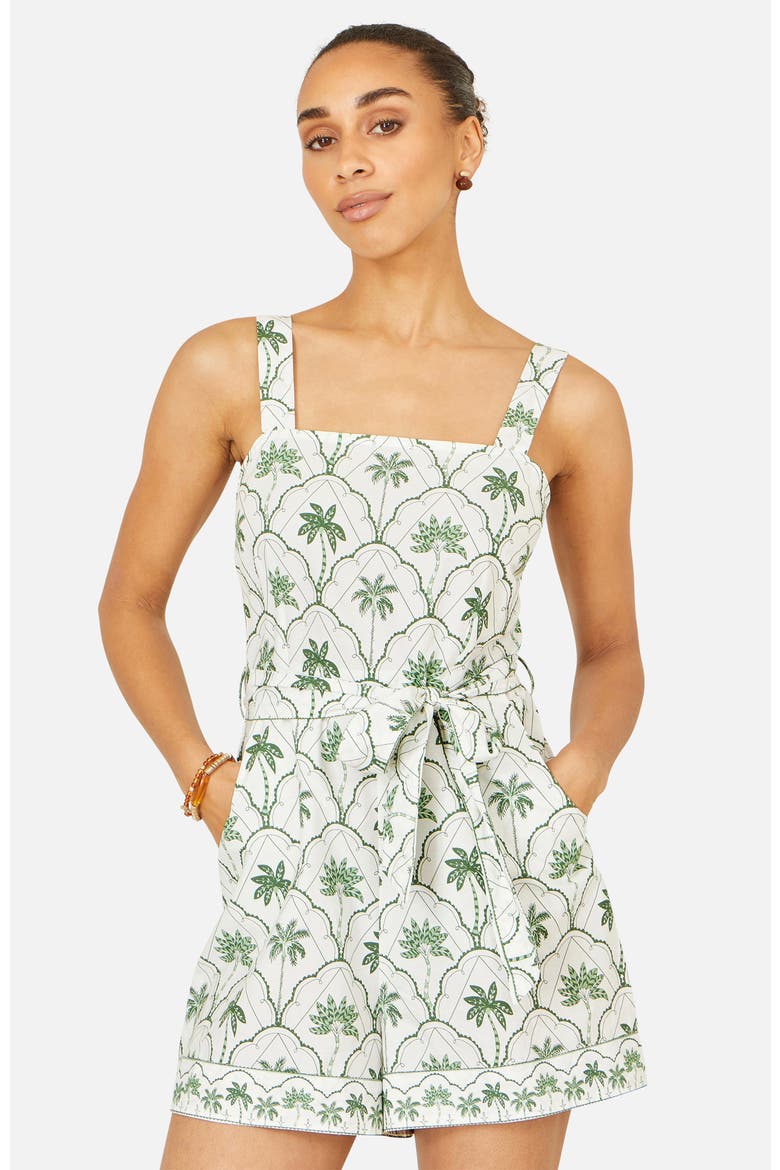 Palm Print Cotton Playsuit, Alternate, color, White