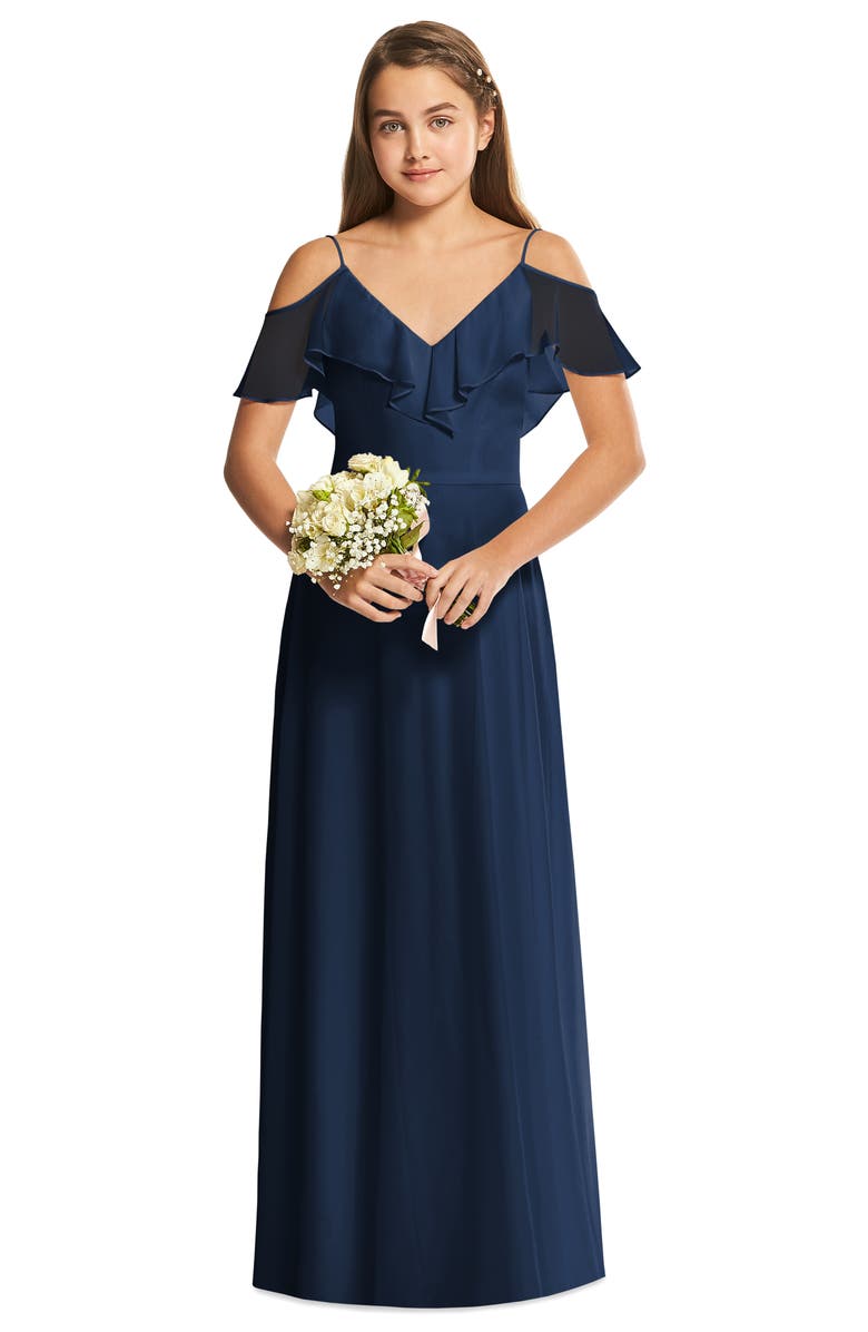 Dessy Collection Cold Shoulder Chiffon Flower Girl Dress, Alternate, color, 