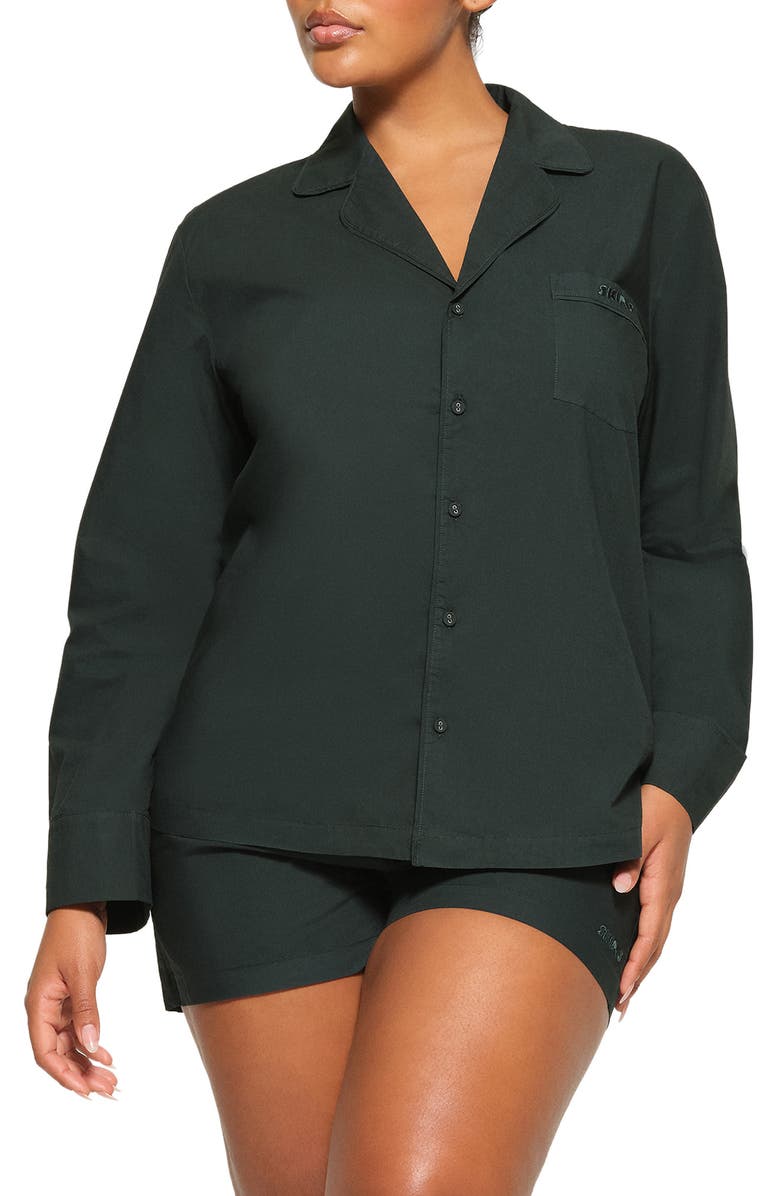 SKIMS Cotton Poplin Button-Up Sleep Top, Main, color, Pine