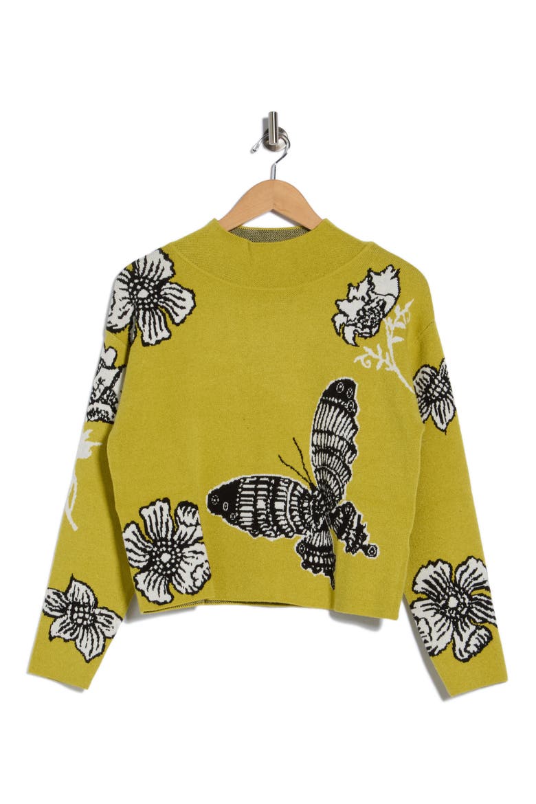 Mock Neck Jacquard Sweater, Alternate, color, CITRON BUTTERFLY JACQUARD