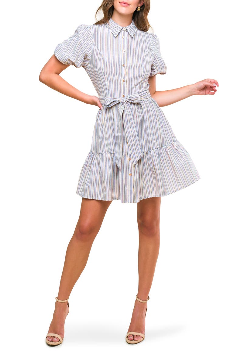 Stripe Puff Sleeve Fit & Flare Shirtdress, Main, color, WHITE/ BLUE/ BROWN