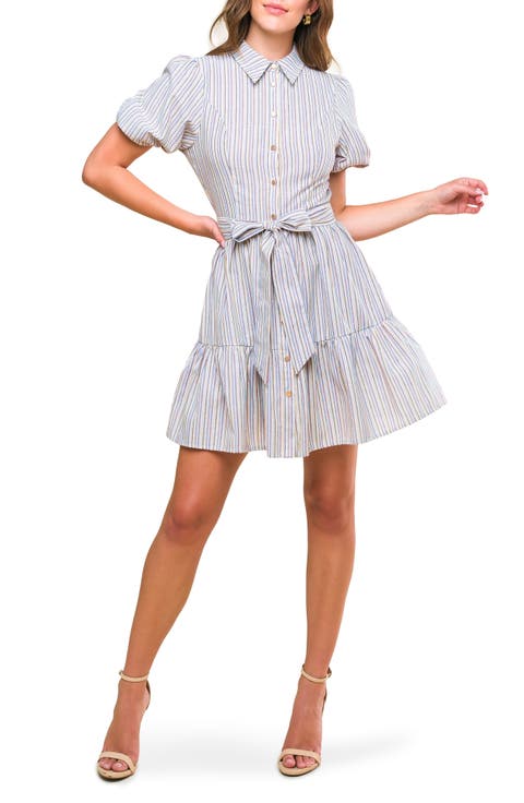 Stripe Puff Sleeve Fit & Flare Shirtdress