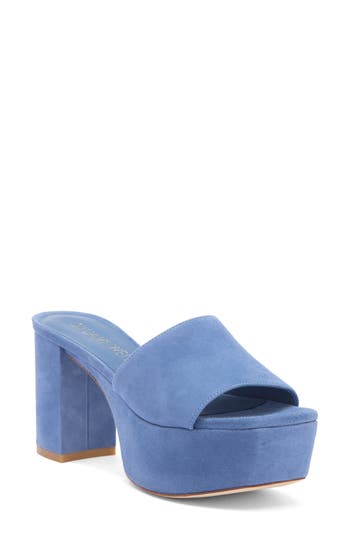 Stuart Weitzman Square High Suede Platform Sandals In Blue Steel